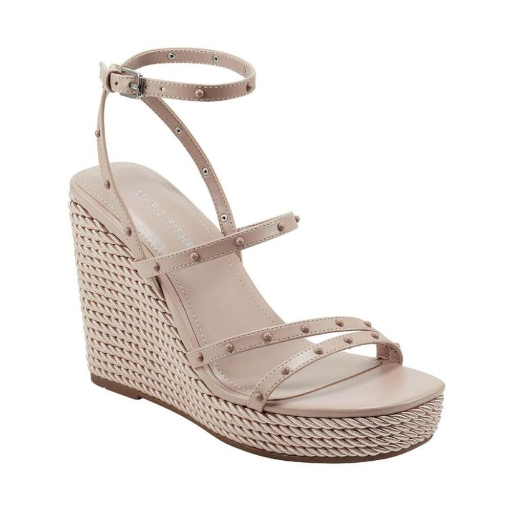 MARC FISHER Womens Beige Studded Zig Square Toe Wedge Heeled Sandal 8.5 M